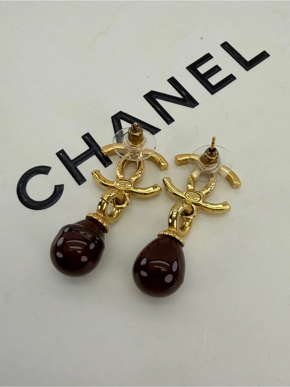 Chanel Gold-Tone CC Drop Earrings with Red Stone 2023